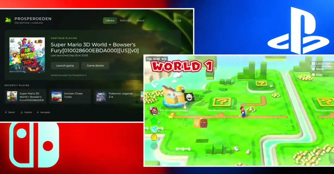 بازی سوپر ماریو (Super Mario 3D World) در حال اجرا روی رابط کاربری شبیه‌ساز پلی استیشن ۵
