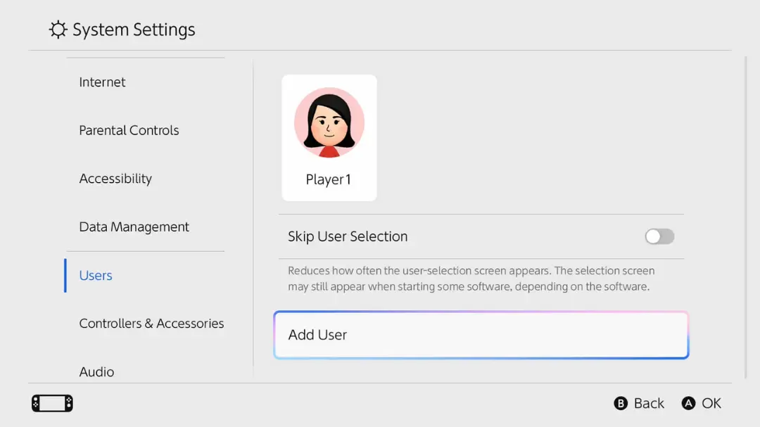 منوی تنظیمات کاربران (Users) در کنسول نینتندو سوییچ (Nintendo Switch)