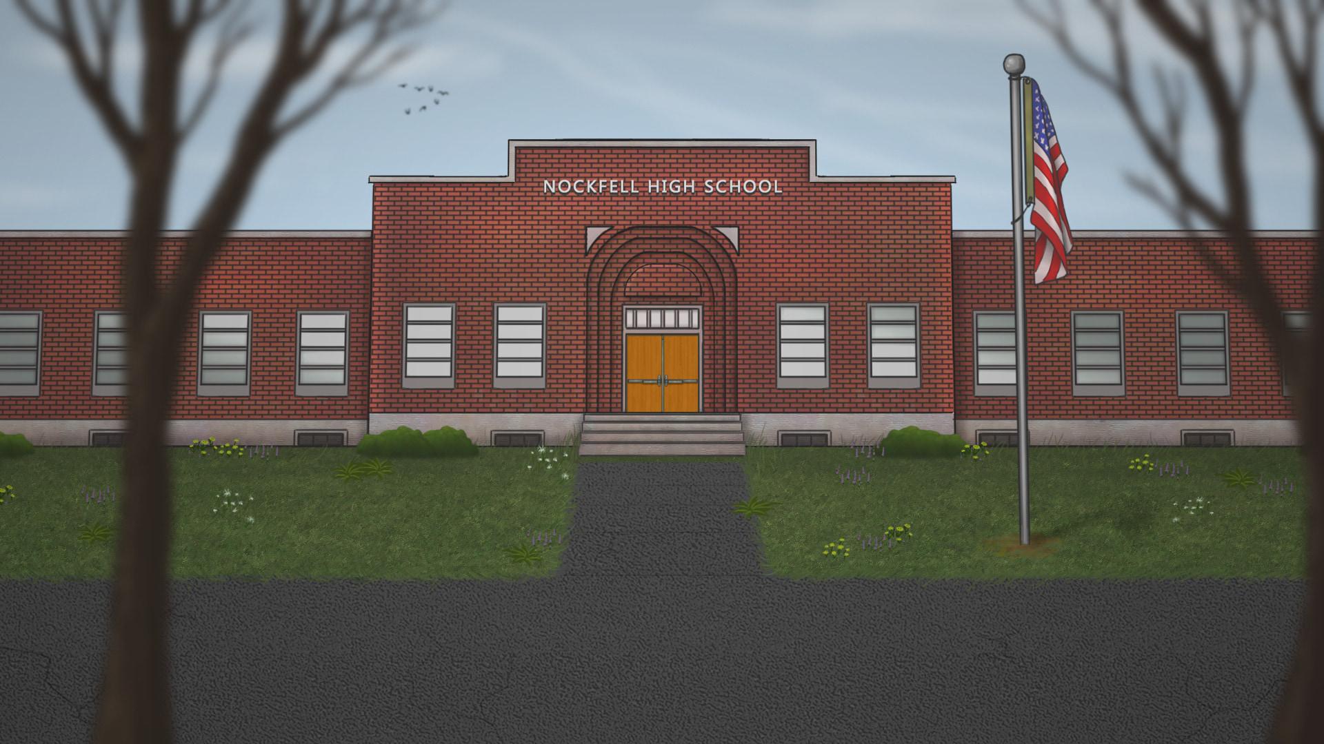 ساختمان آجری دبیرستان ناکفل (Nockfell High School) با پرچم آمریکا