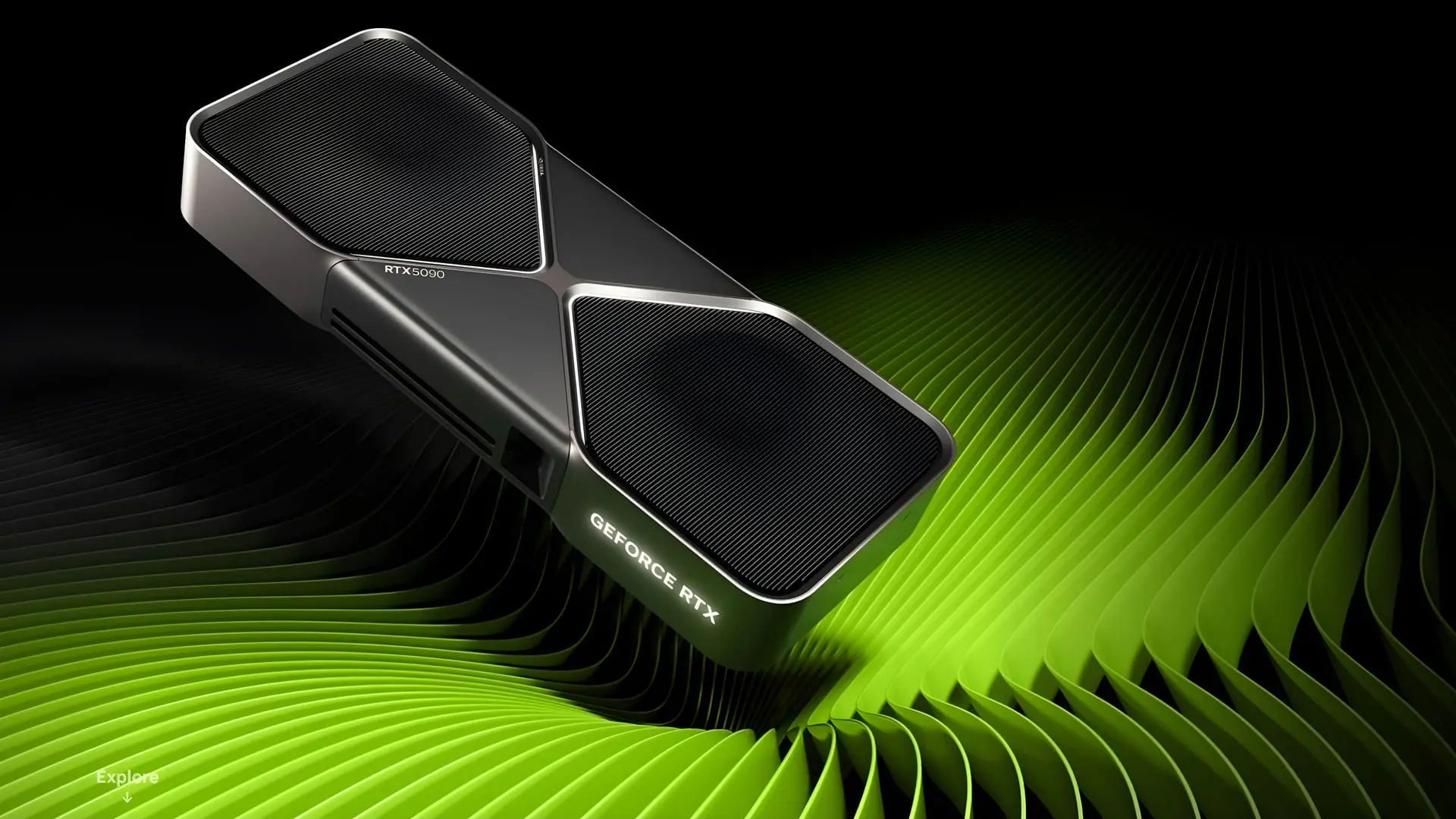کارت گرافیک انویدیا (NVIDIA) مدل RTX 5090 روی پس‌زمینه سبز