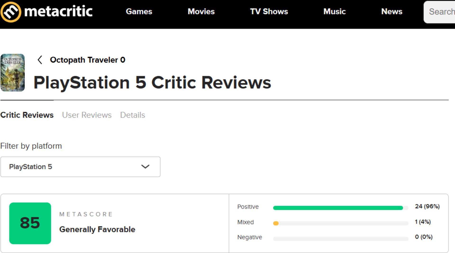 میانگین نقدها و نمرات بازی Octopath Traveler 0 در وب‌سایت متاکریتیک (Metacritic)