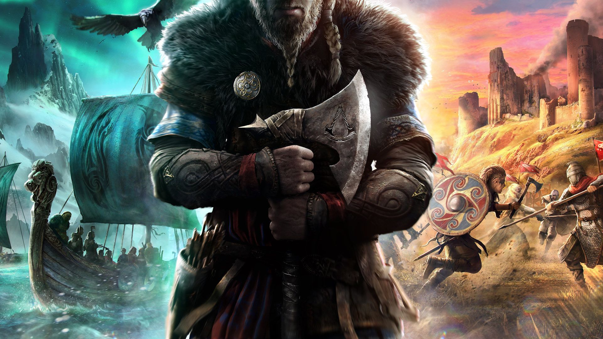 قرار گرفتن ایوور (Eivor) میان خشکی و دریا در آرت‌ورک رسمی بازی Assassin's Creed Valhalla