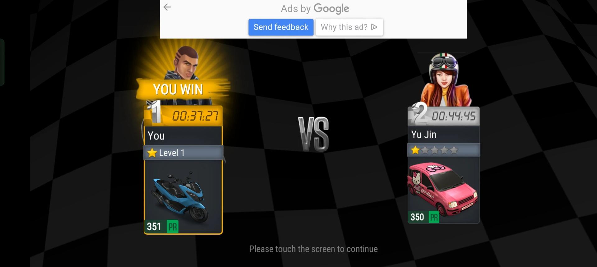 پنل نمایش برنده و بازنده در بازی موبایل On The Run:Moto