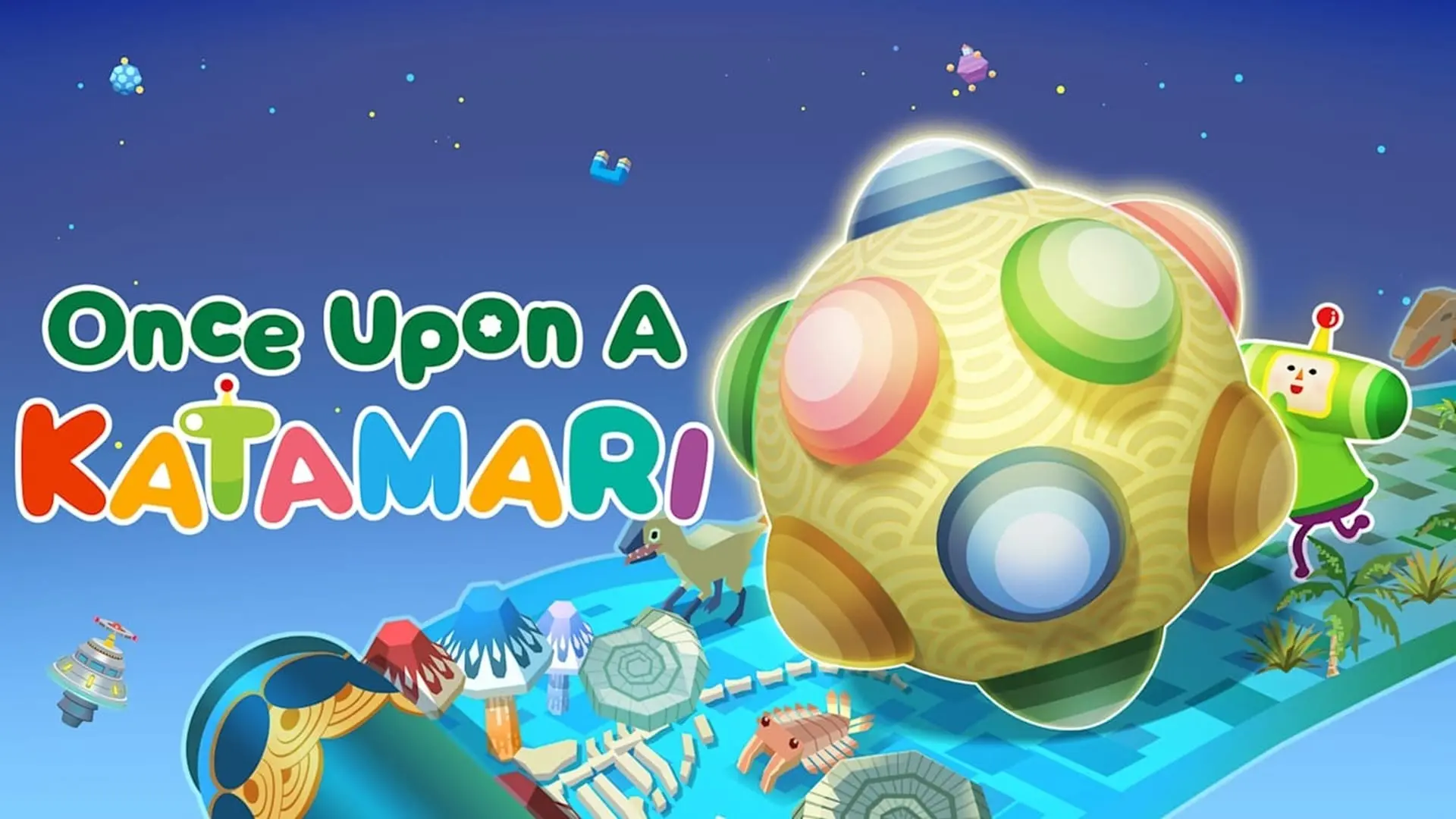 توپی بزرگ در کنار یک شخصیت و چند آیتم در پوستر بازی Once Upon a Katamari