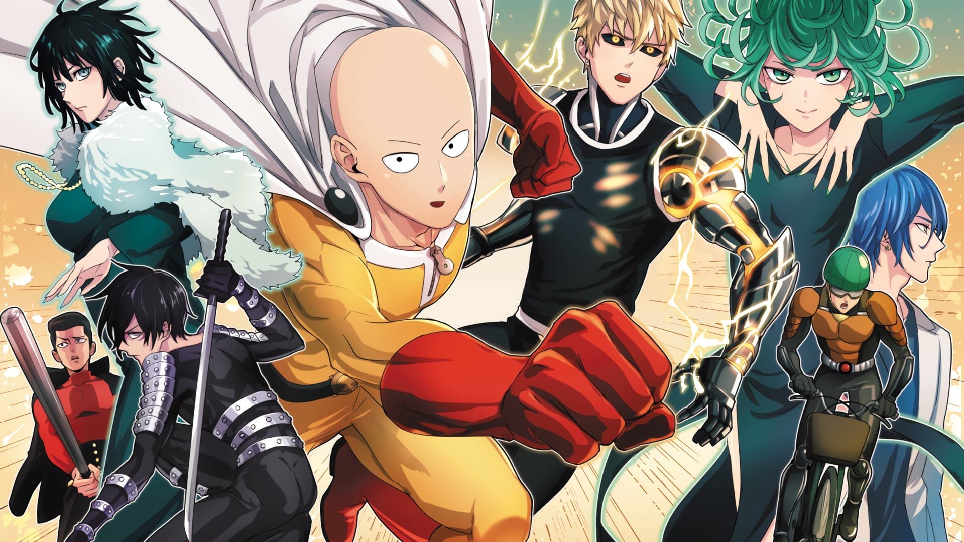 تصویر هنری از چندین شخصیت One Punch Man مثل سایتاما و جنوس و تورنادو