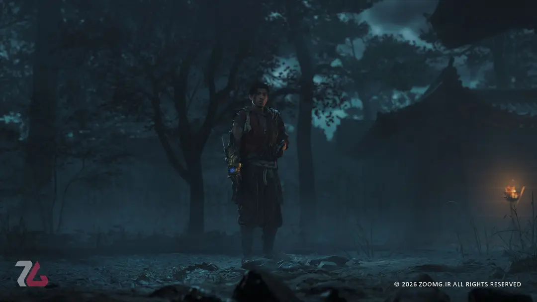 شخصیت اصلی بازی اونیموشا (Onimusha: Way of the Sword) در محیط جنگلی تاریک