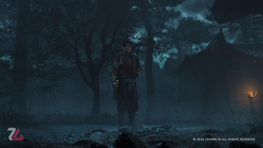 شخصیت اصلی بازی اونیموشا (Onimusha: Way of the Sword) در محیط جنگلی تاریک