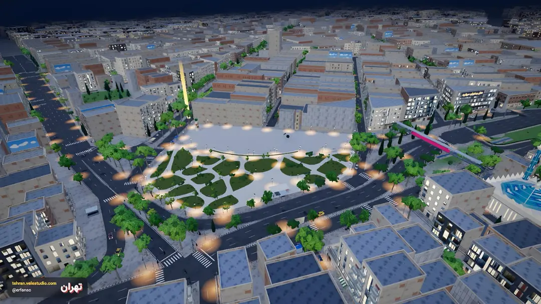 طرح سه بعدی بازسازی میدان هفت‌تیر (Haft Tir Square) در شب