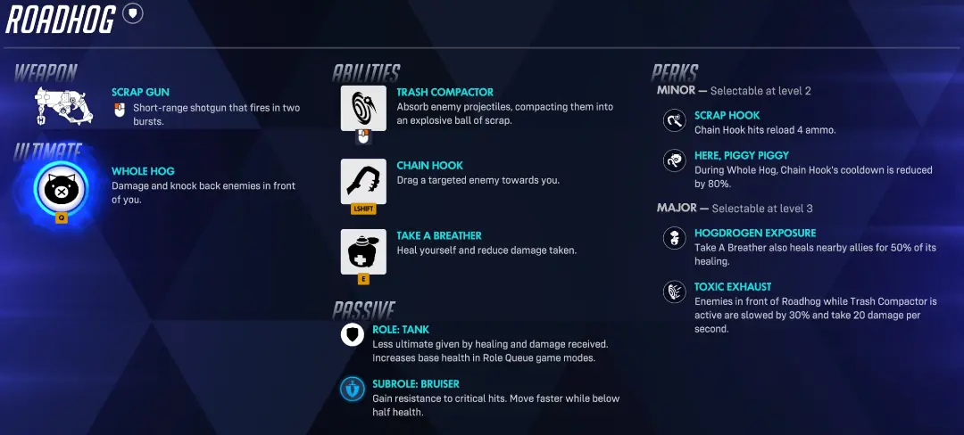 نمای گرافیکی قابلیت‌ها و سلاح‌های شخصیت رودهاگ (Roadhog) در بازی اورواچ