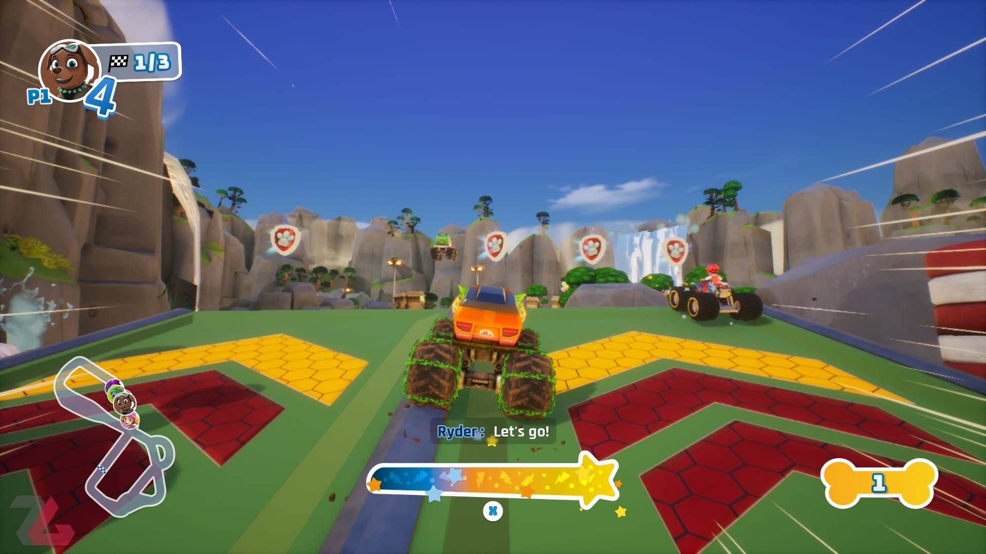 رایدر در حال مسابقه با دیگران در مسیر جنگلی حالت آرنا در مسیر برفی در بازی PAW Patrol Rescue Wheels Championship