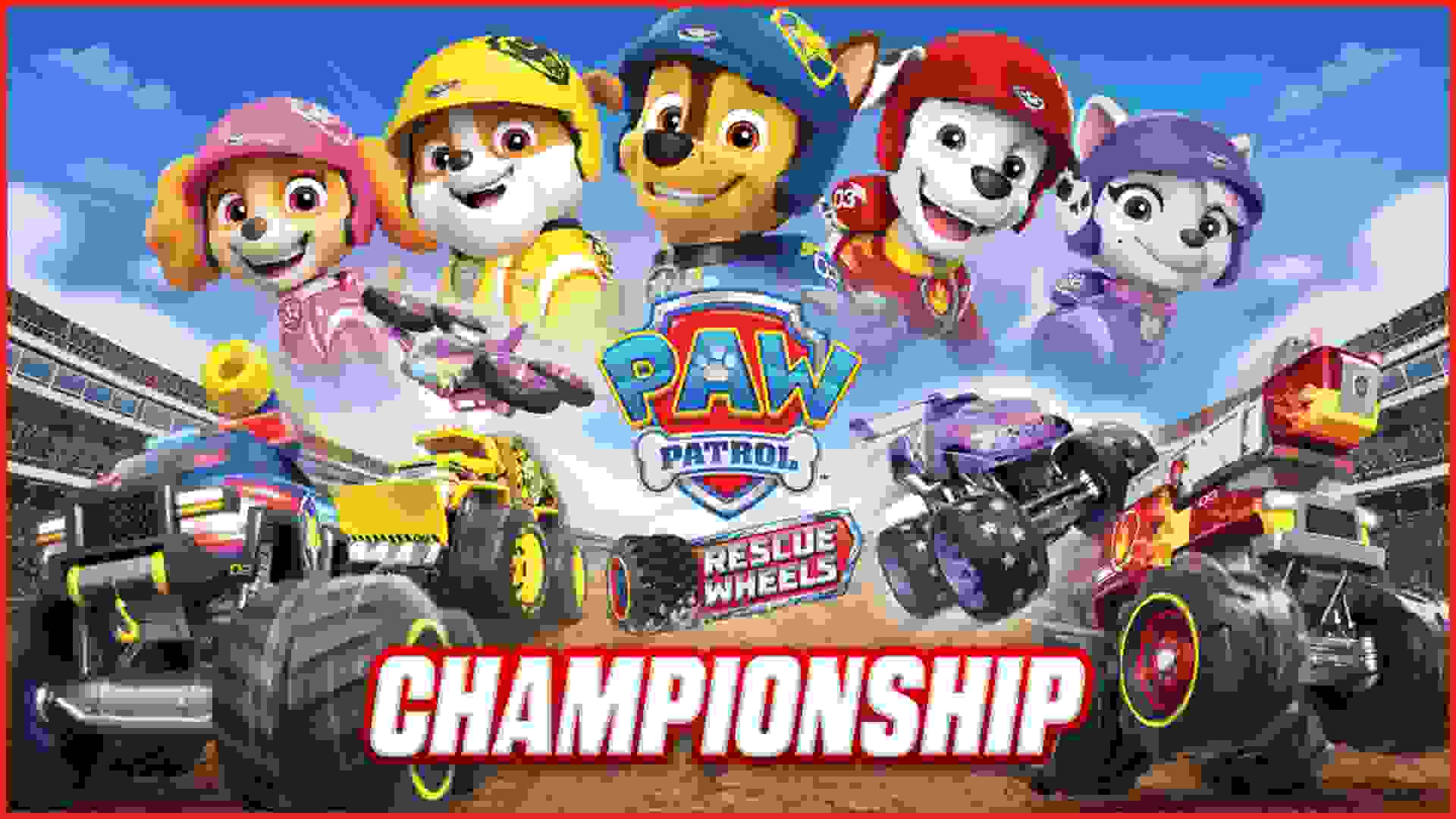 سگ‌های نگهبان در کنار ماشین‌های خود در پوستر بازی PAW Patrol Rescue Wheels: Championship
