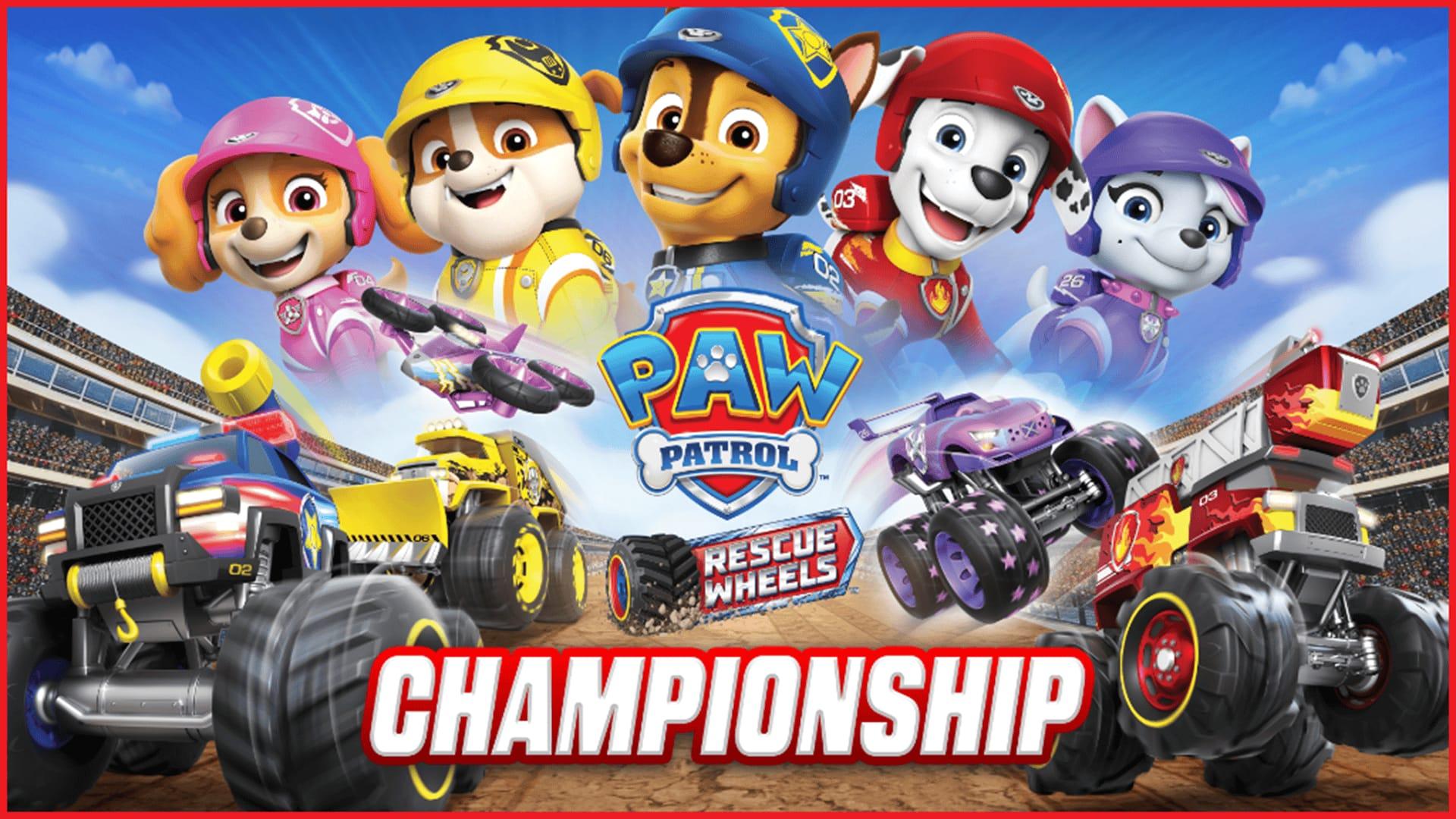 سگ‌های نگهبان در کنار ماشین‌های خود در پوستر بازی PAW Patrol Rescue Wheels: Championship