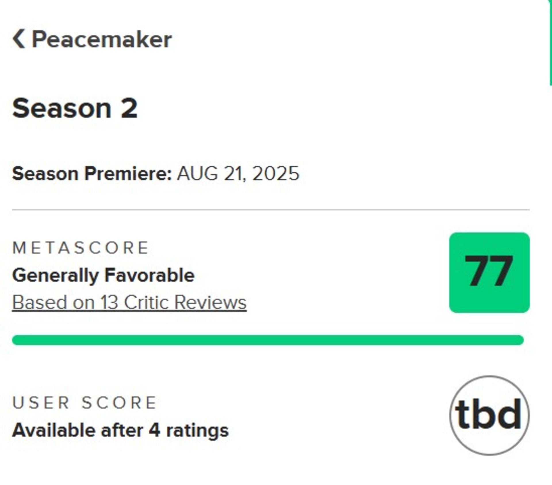 میانگین نمرات فصل دوم سریال Peacemaker در متاکریتیک