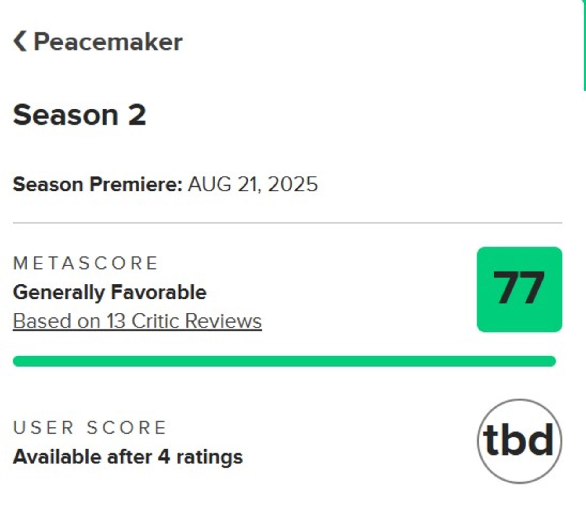 میانگین نمرات فصل دوم سریال Peacemaker در متاکریتیک