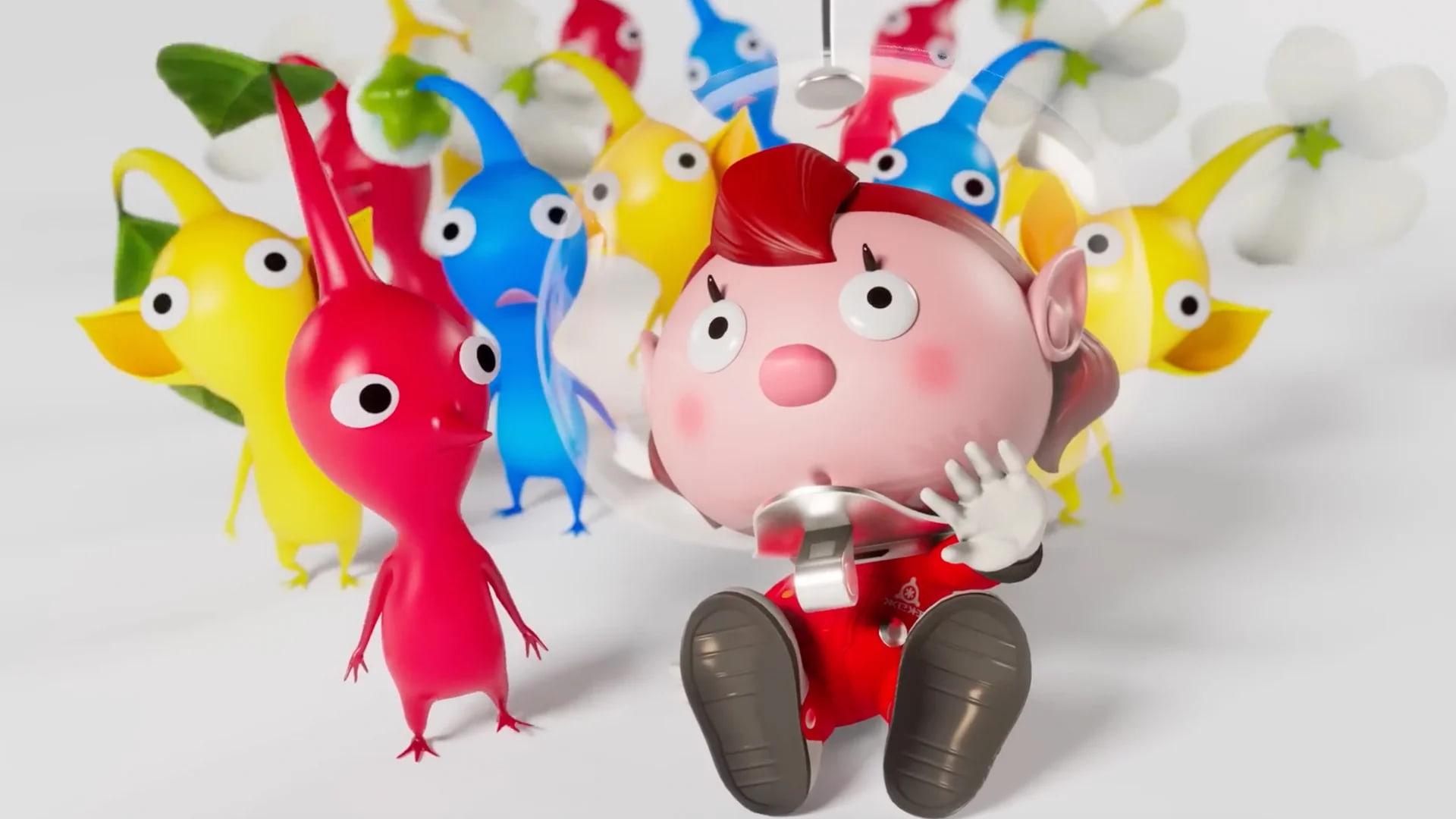مجموعه‌ای از موجودات رنگی پیکمین (Pikmin) در کنار شخصیت اصلی بازی