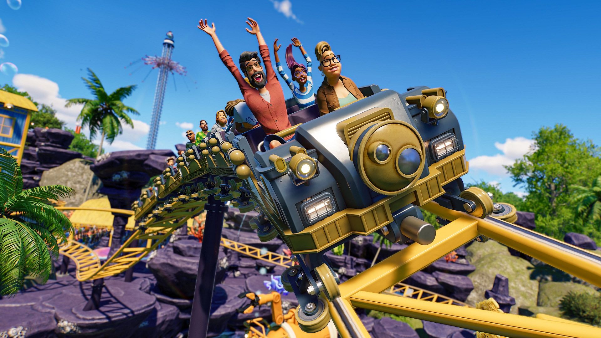 سوار شدن بازدیدکنندگان روی قطار شهربازی در  Planet Coaster 2