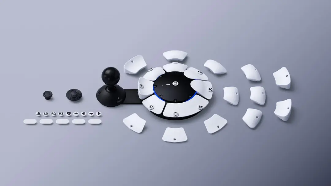 کنترلر Access (Access Controller) پلی‌استیشن ۵ به همراه قطعات و دکمه‌های سفید قابل تعویض