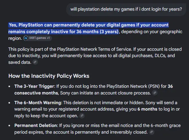 متن انگلیسی درباره قوانین حذف بازی‌های دیجیتال پلی استیشن (PlayStation) در صورت عدم فعالیت
