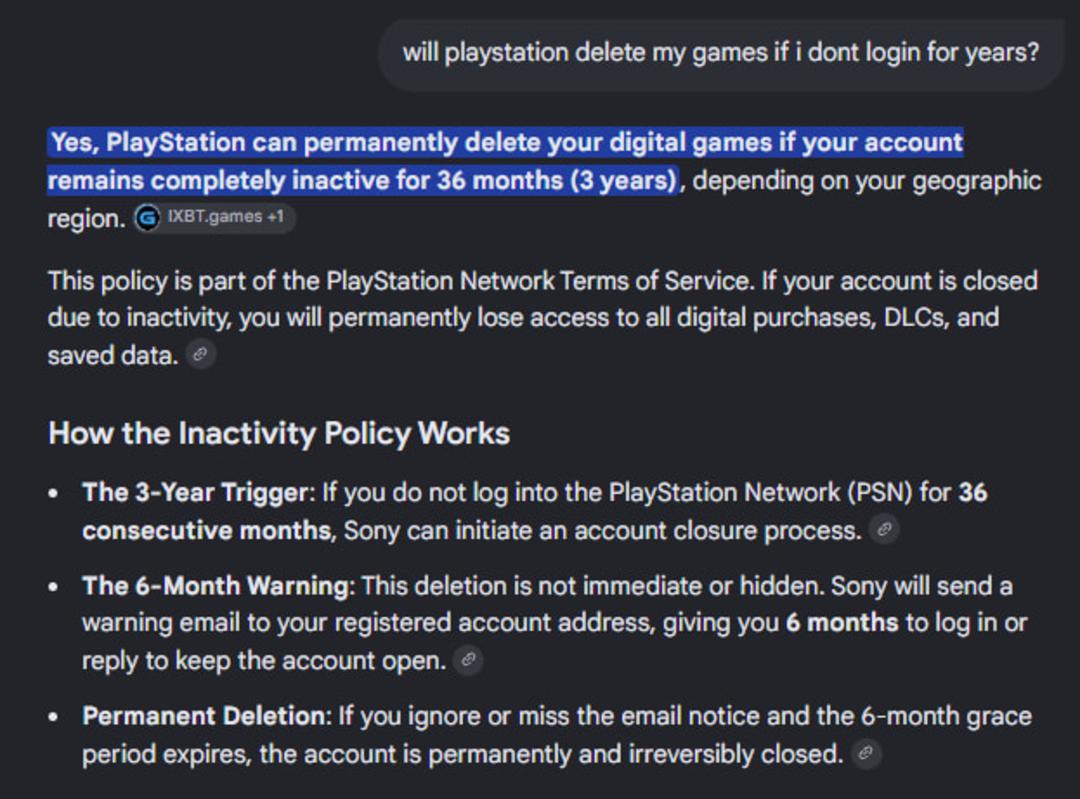 متن انگلیسی درباره قوانین حذف بازی‌های دیجیتال پلی استیشن (PlayStation) در صورت عدم فعالیت