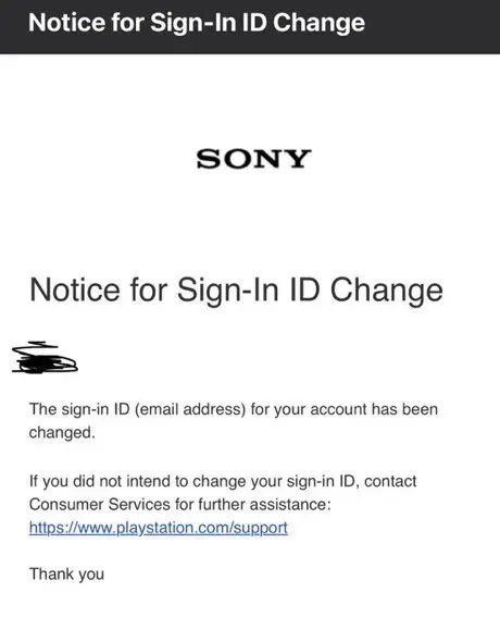 ایمیل اعلان تغییر شناسه ورود (Sign-In ID) در حساب کاربری سونی (Sony)