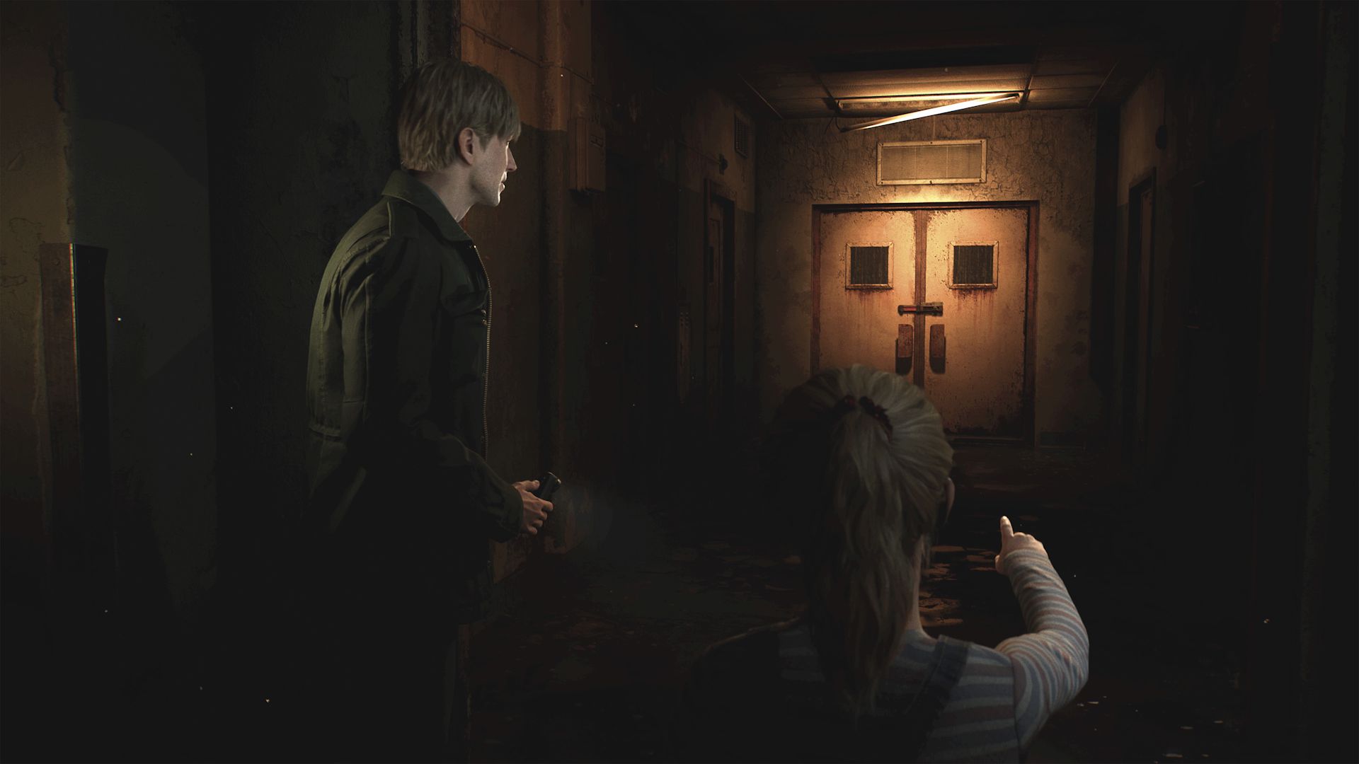 اشاره کردن لورا (Laura) به درب بیمارستان در بازی Silent Hill 2