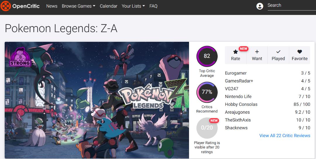 میانگین نقدها و نمرات بازی Pokemon Legends Z-A در وب‌سایت اوپن‌کریتیک (Opencritic)