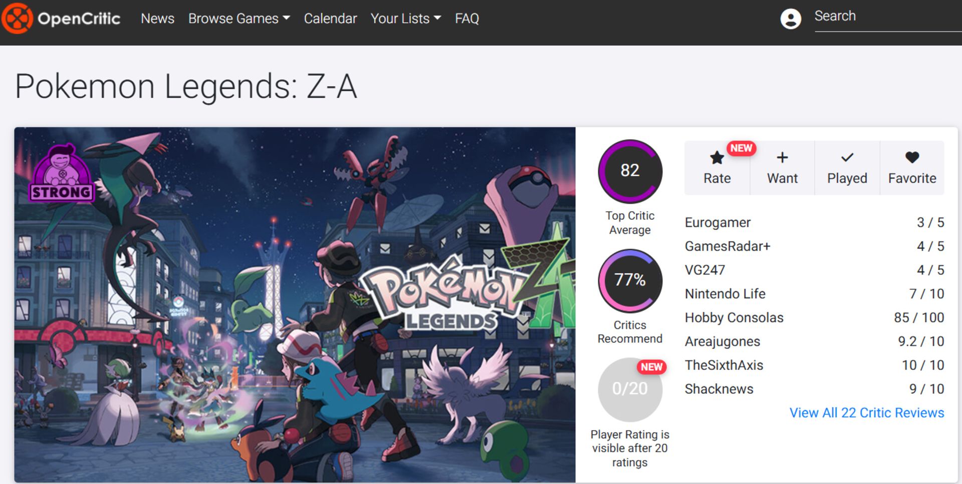 میانگین نقدها و نمرات بازی Pokemon Legends Z-A در وب‌سایت اوپن‌کریتیک (Opencritic)