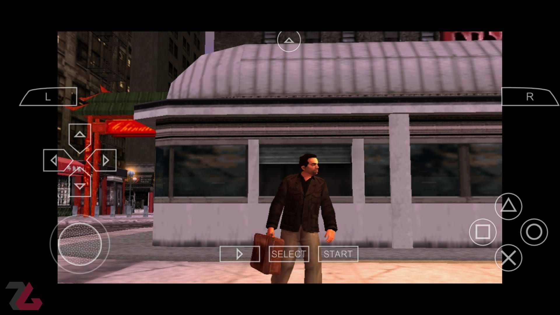 شخصیت اصلی GTA Liberty City با یک کیف در حال اجرا روی اندروید با کمک PPSSPP