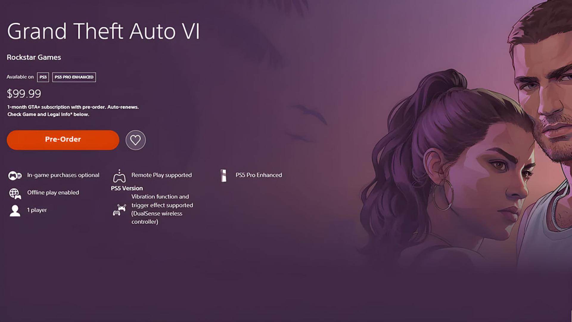 صفحه خرید پیش‌خرید بازی Grand Theft Auto VI (GTA 6) در کنسول پلی‌استیشن