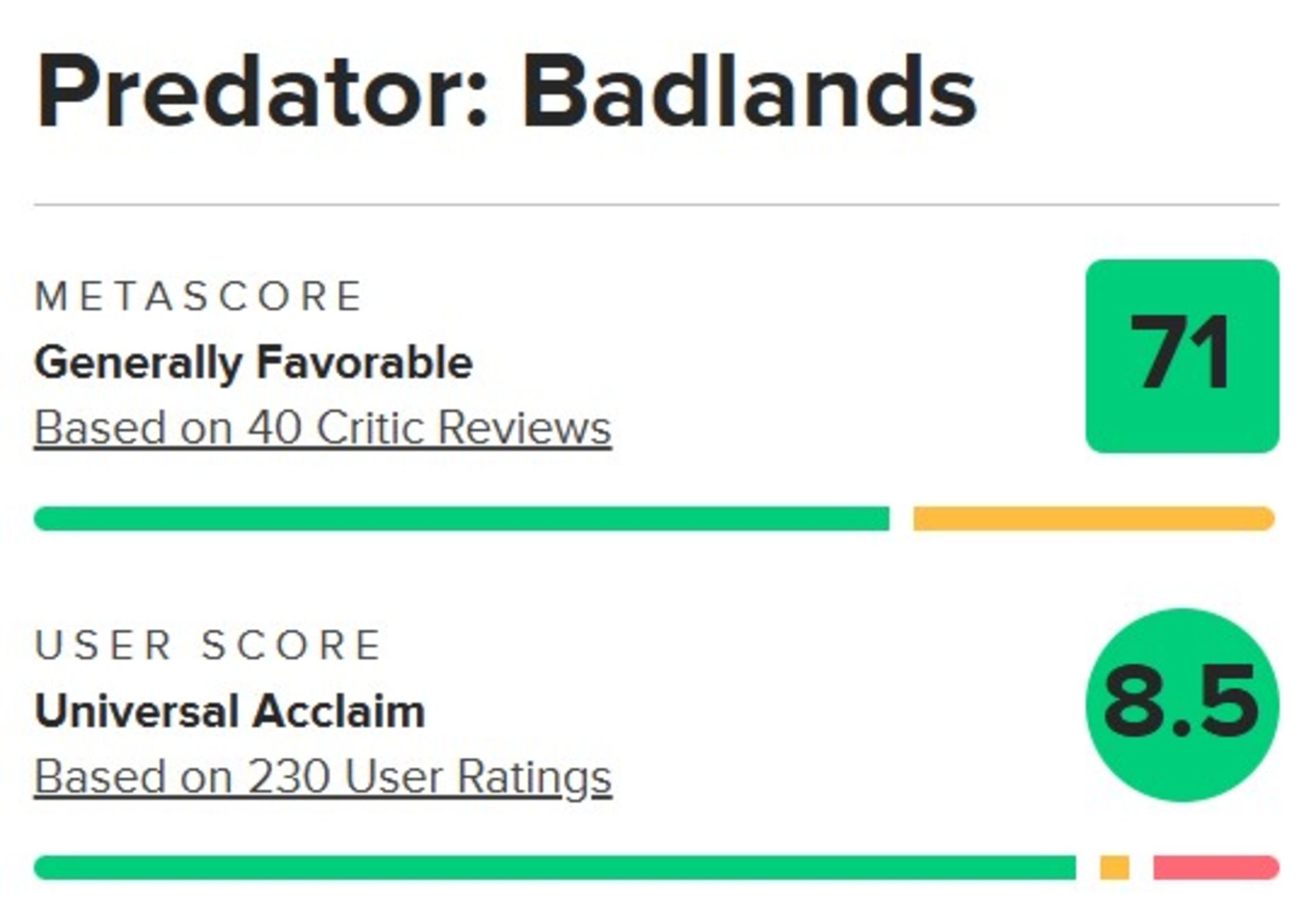 میانگین نقدهای فیلم Predator: Badlands در متاکریتیک