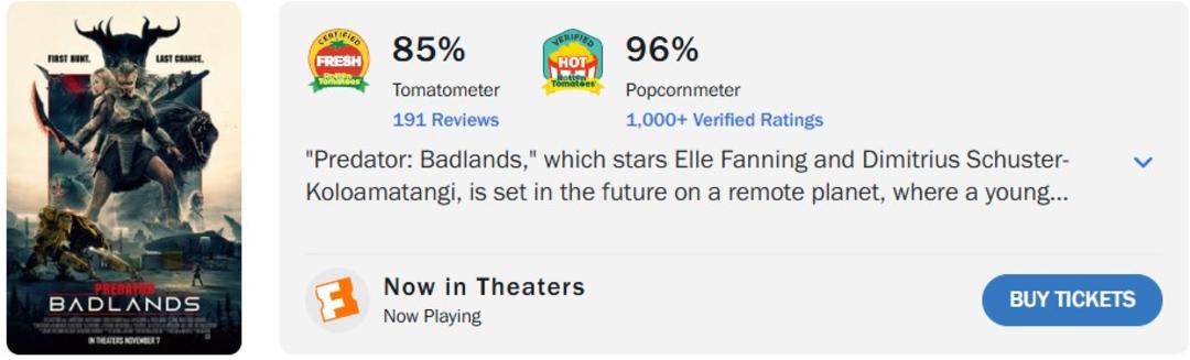 میانگین نقدهای فیلم Predator: Badlands در راتن تومیتوز