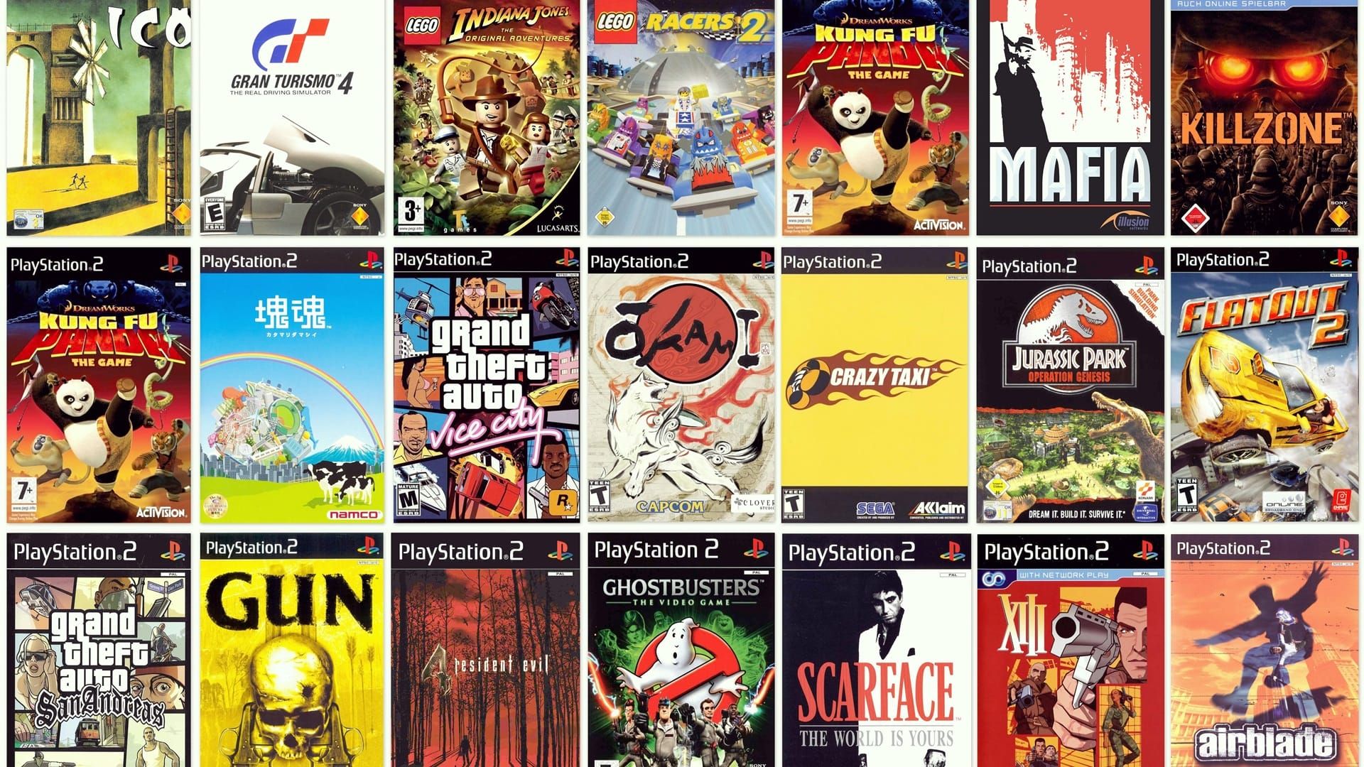 باکس آرت چندین بازی پلی استیشن 2 از جمله Gun و Mafia در کنار یکدیگر