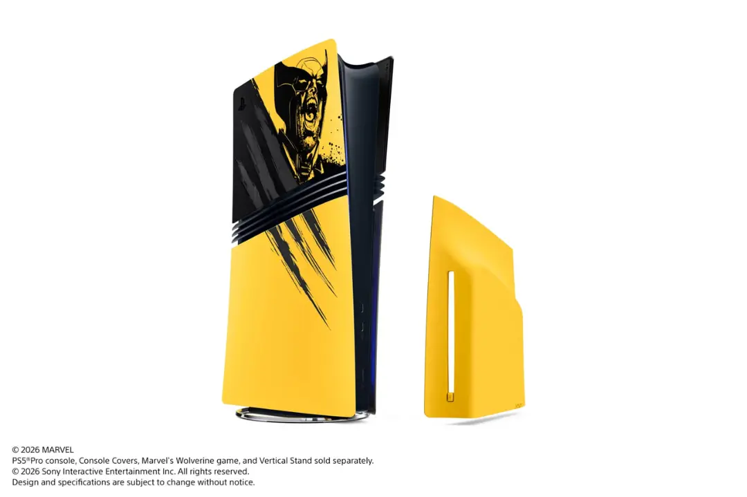 کاور زرد رنگ کنسول پلی‌استیشن ۵ (PlayStation 5) با طرح شخصیت ولورین (Wolverine)