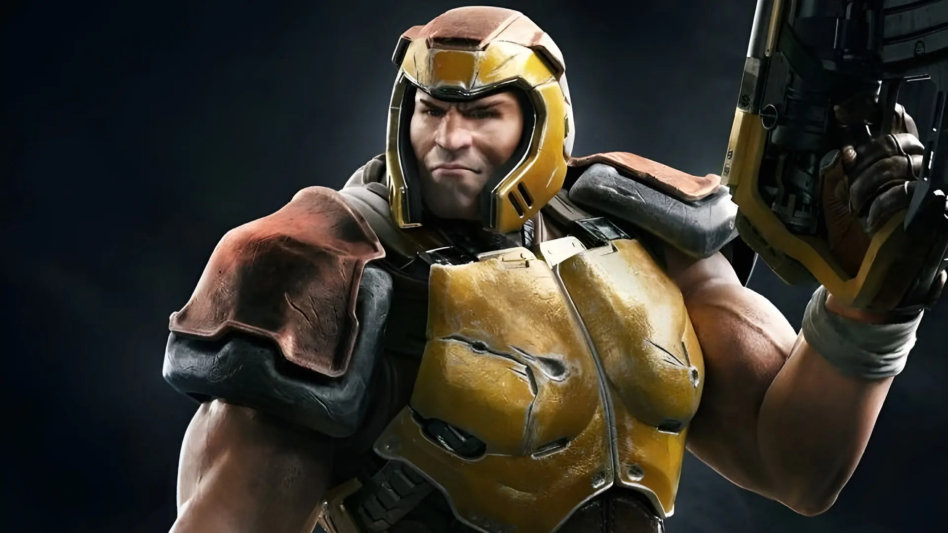 شخصیت جنگجوی بازی Quake Champions با زره زرد و قهوه‌ای