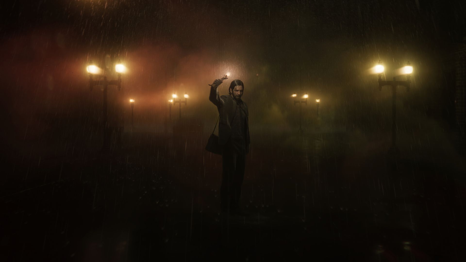خیس شدن شخصیت اصلی بازی Alan Wake 2 زیر باران شدید