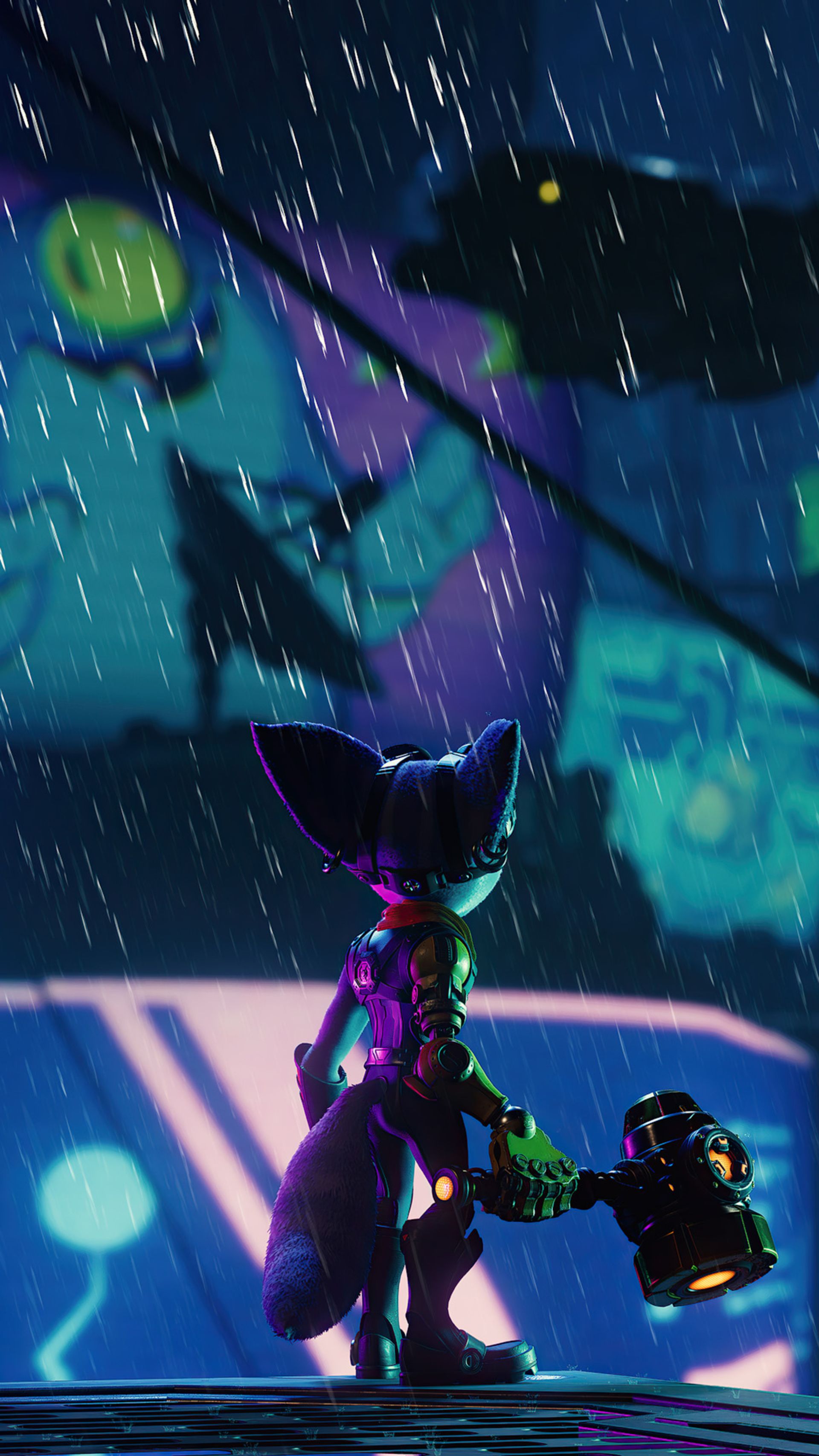 خیس شدن شخصیت ریوت (Rivet) زیر باران شدید در بازی Ratchet & Clank: Rift Apart