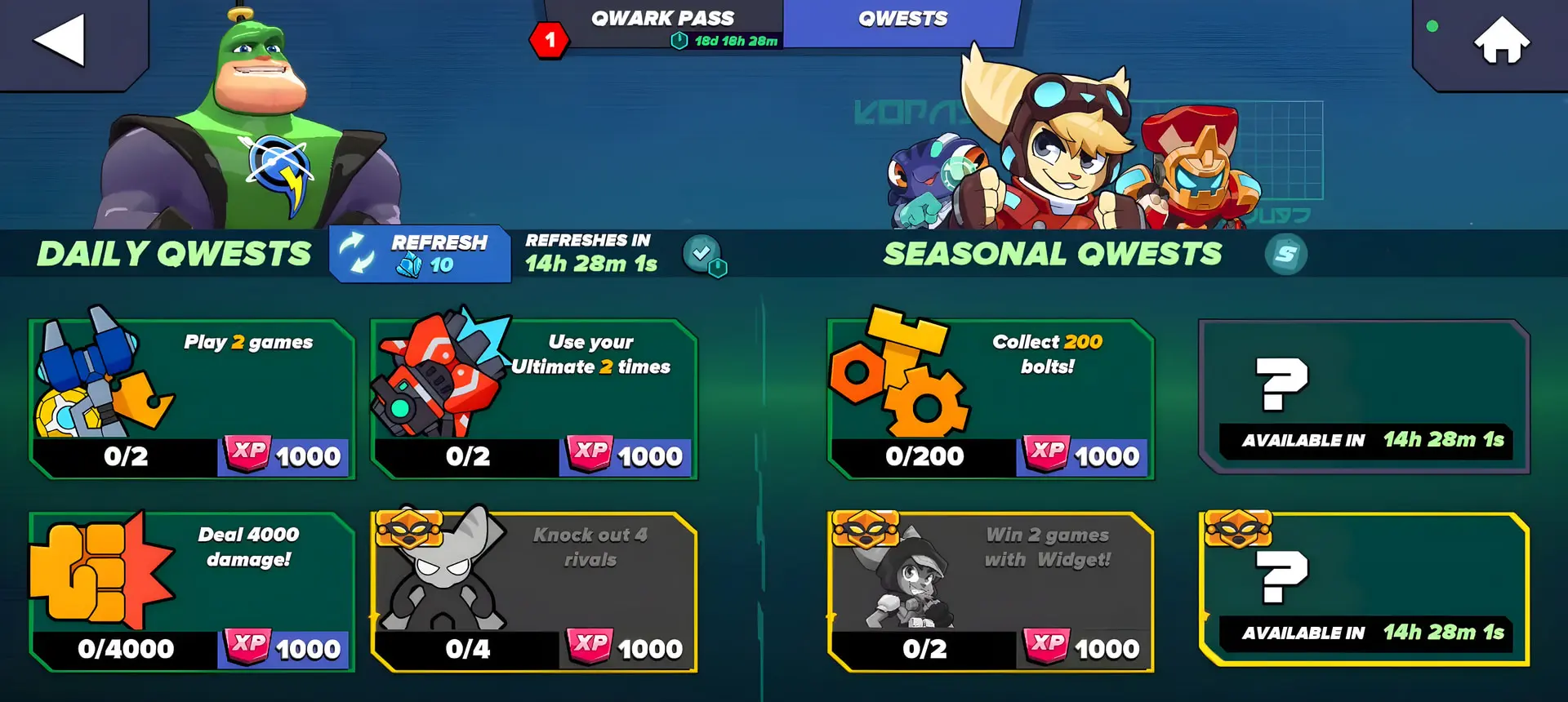 منوی ماموریت‌های روزانه و فصلی در بازی موبایل Ratchet and Clank: Ranger Rumble