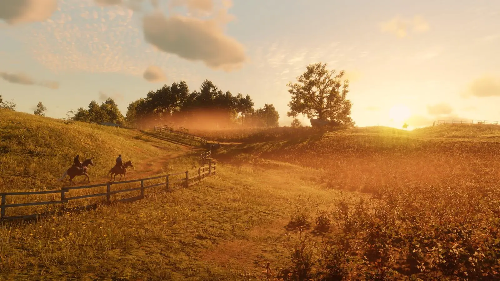اسب‌سواران در دشت‌های بازی Red Dead Redemption 2 هنگام غروب خورشید
