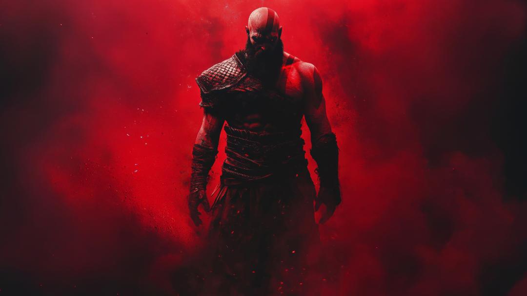 کریتوس (Kratos) میان دود قرمز در بازی God of War Ragnarok