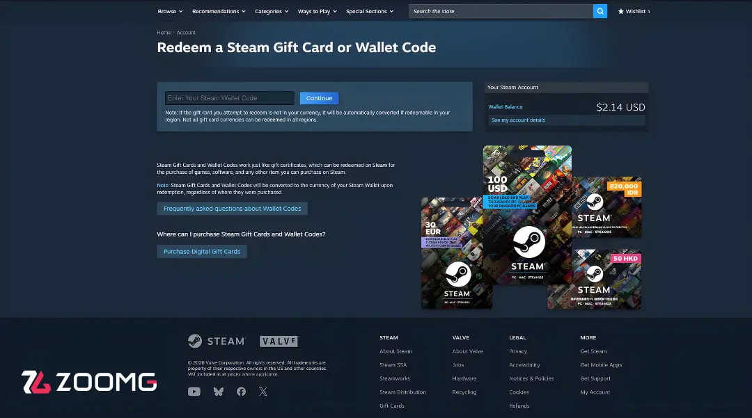 صفحه فعال‌سازی کد گیفت کارت یا کیف پول در سایت استیم (Steam)