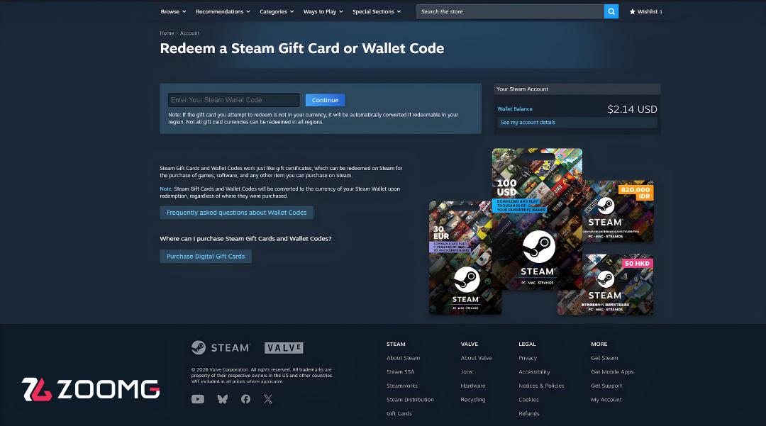 صفحه فعال‌سازی کد گیفت کارت یا کیف پول در سایت استیم (Steam)