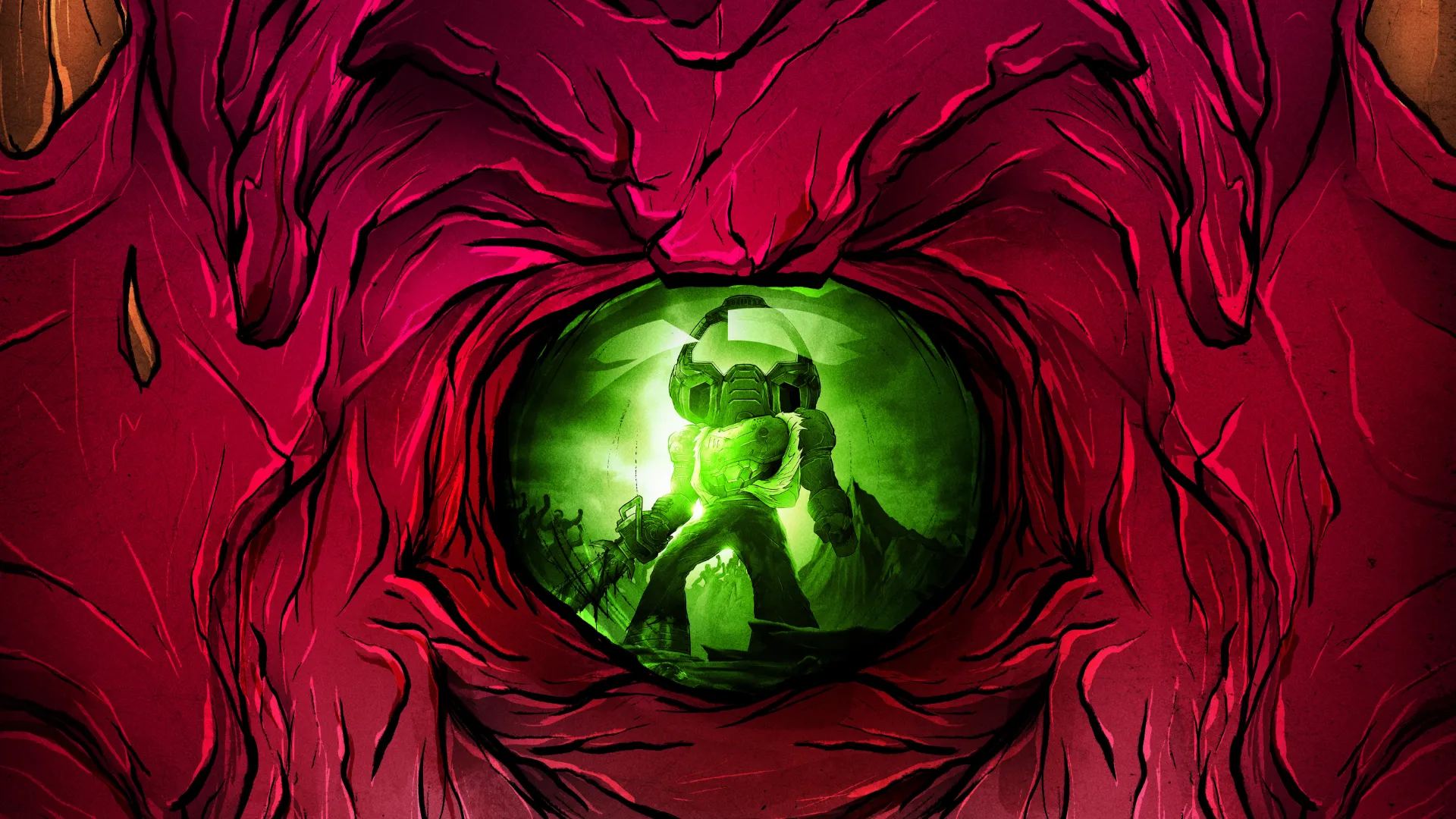 انعکاس تصویر دووم اسلیر (Doom Slayer) در چشم شیطان در بازی DOOM Eternal
