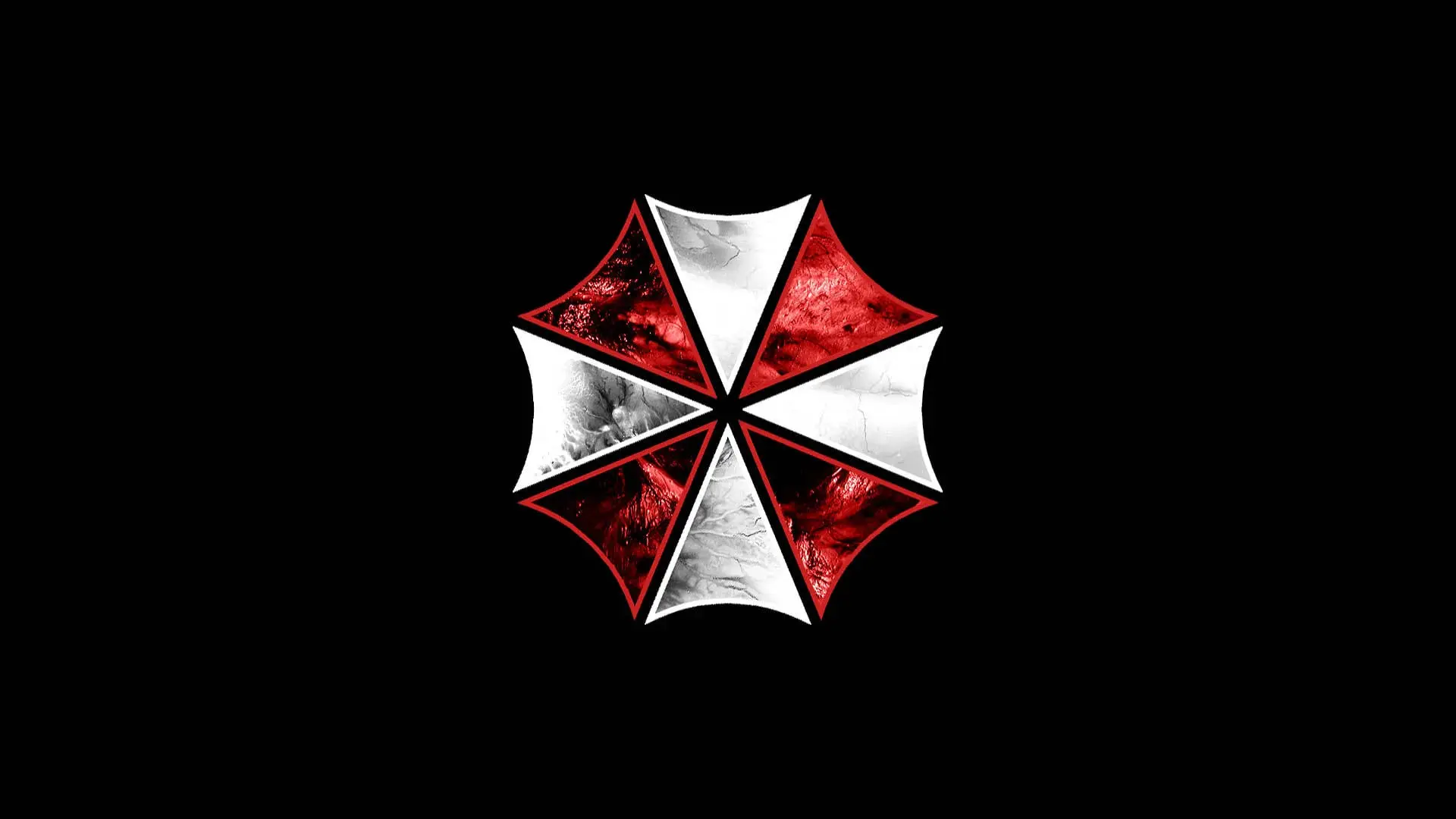 نماد قرمز و سفید شرکت آمبرلا (Umbrella Corporation) با بافت متالیک