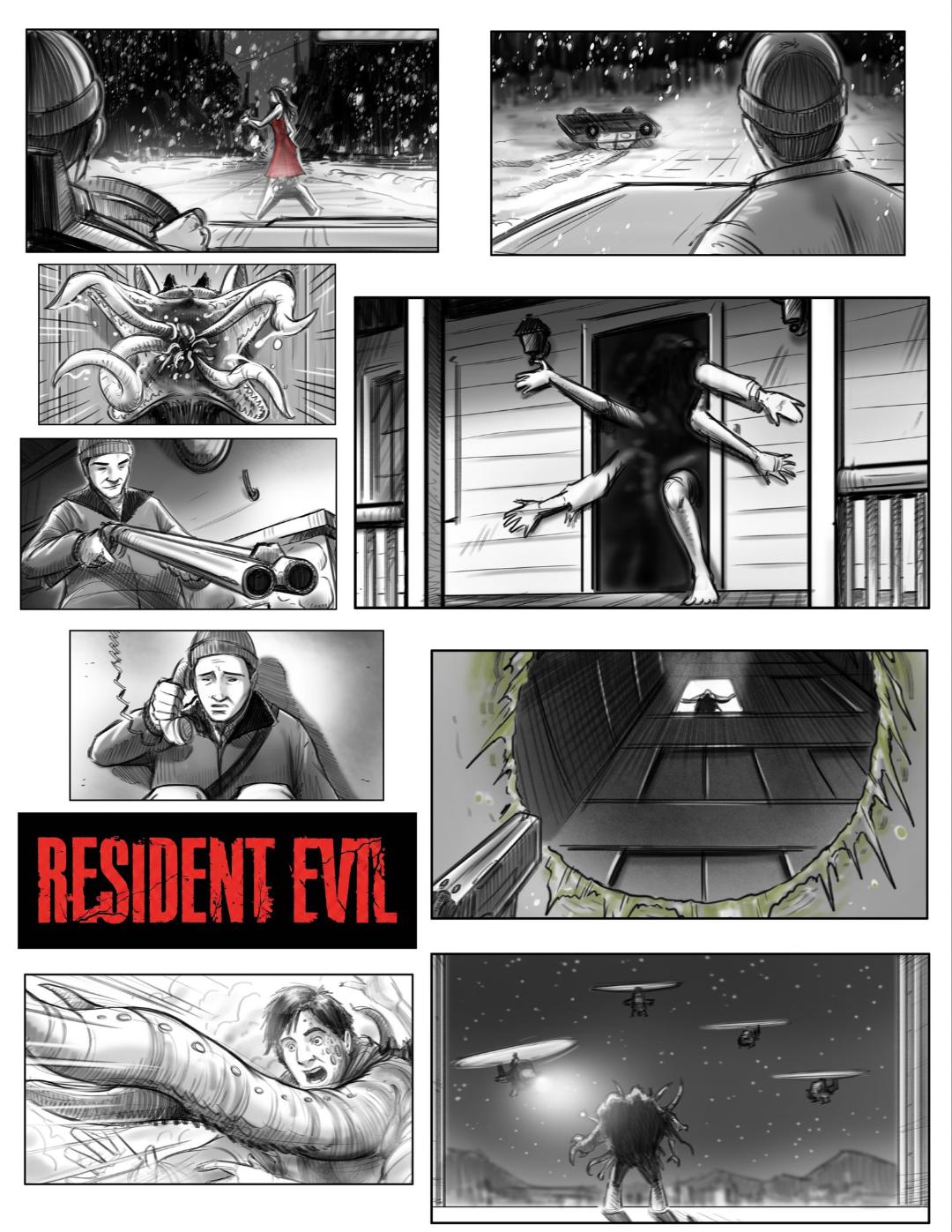 طرح‌های سیاه و سفید استوری‌بورد فیلم رزیدنت اویل (Resident Evil) شامل صحنه‌های ترسناک