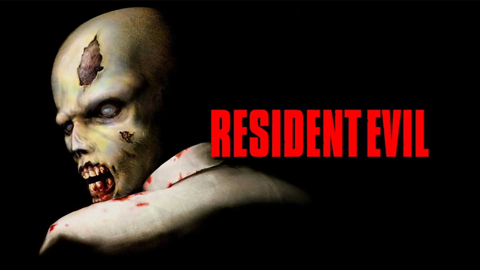 چهره ترسناک یک زامبی در کنار لوگوی بازی Resident Evil