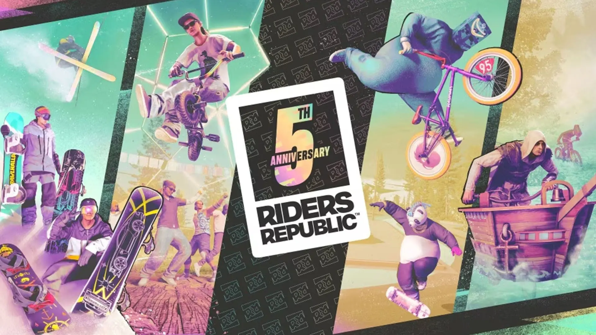 شخصیت‌های بازی Riders Republic در حال انجام حرکات ورزشی با دوچرخه و اسنوبرد