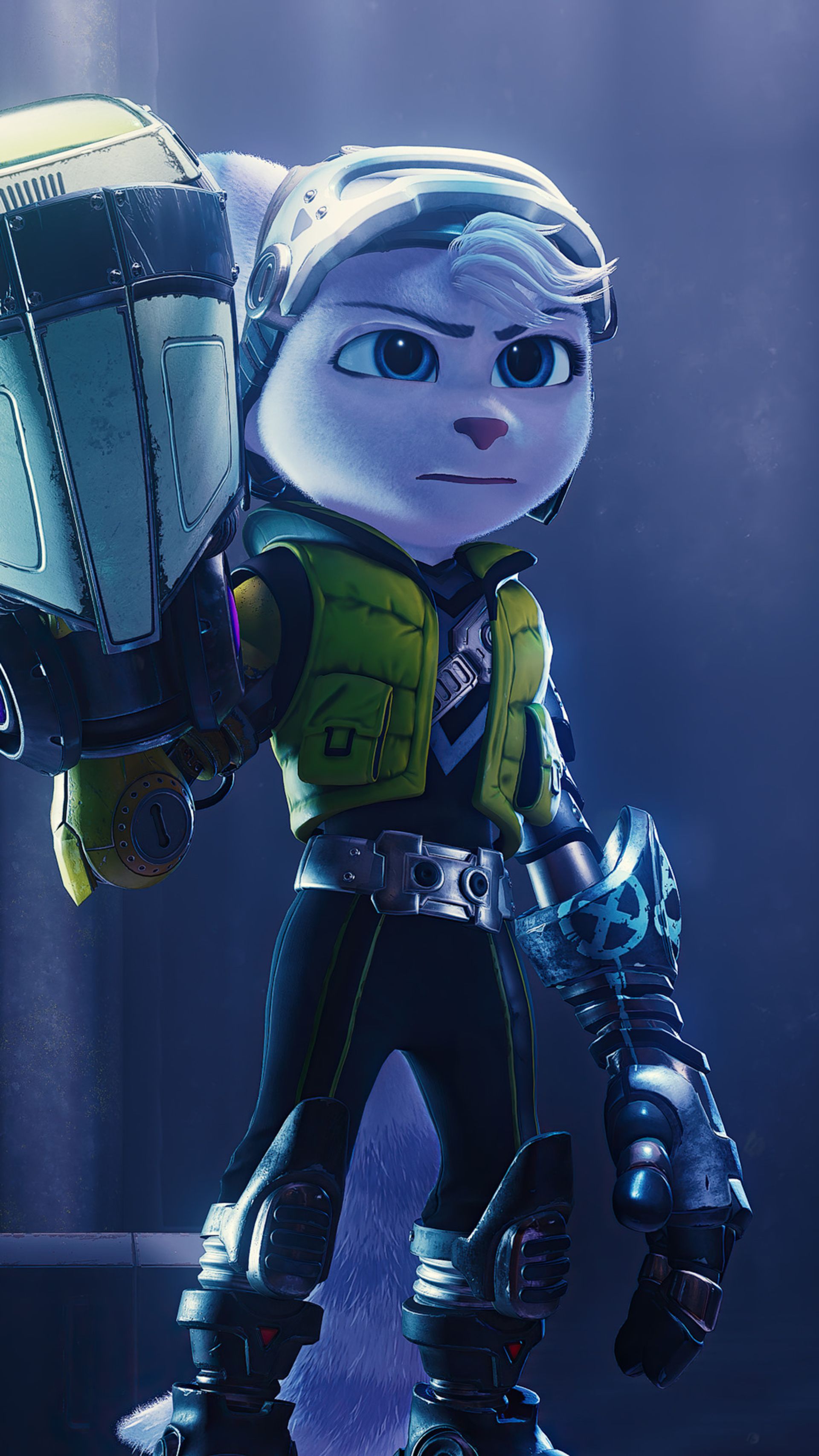 چهره جدی و مصمم ریوت (Rivet) در بازی Ratchet & Clank: Rift Apart