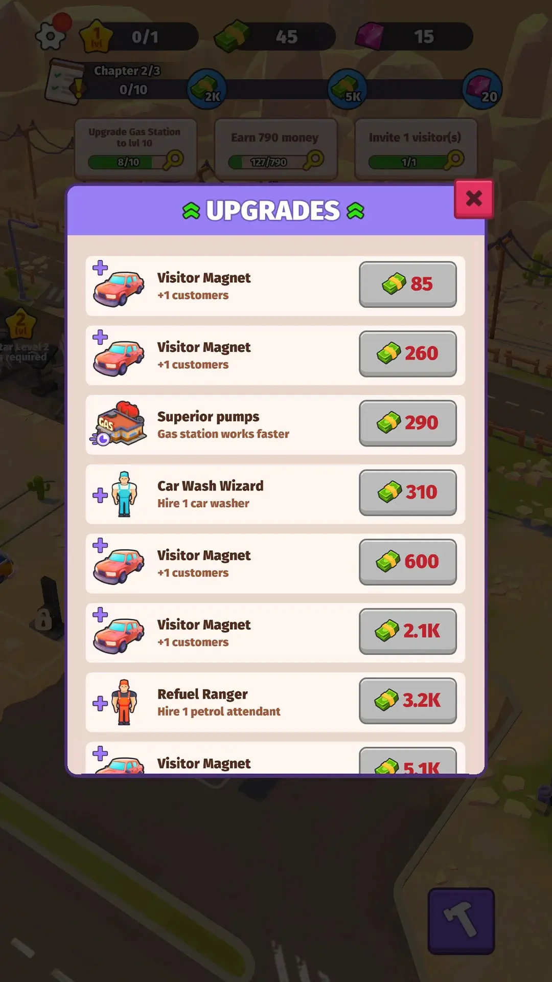فهرست ارتقاهای بازی موبایل Roadside Empire شامل آهنربای مشتری و استخدام کارگر