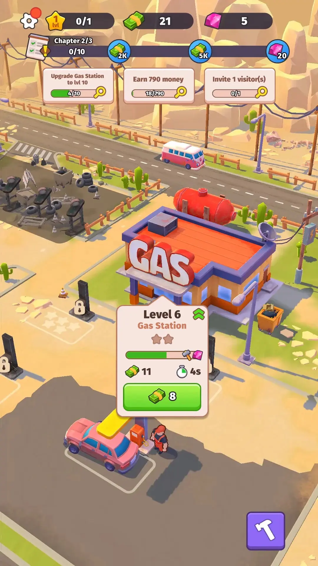 محیط بازی موبایل Roadside Empire با ایستگاه سوخت و خودروهای کارتونی