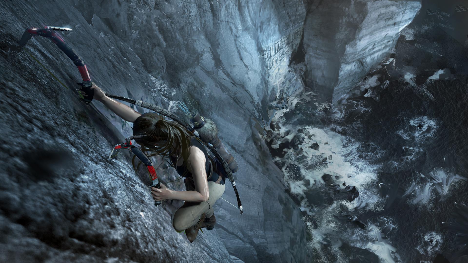 لارا کرافت (Lara Croft) مشغول صخره‌نوردی در بازی Shadow of the Tomb Raider